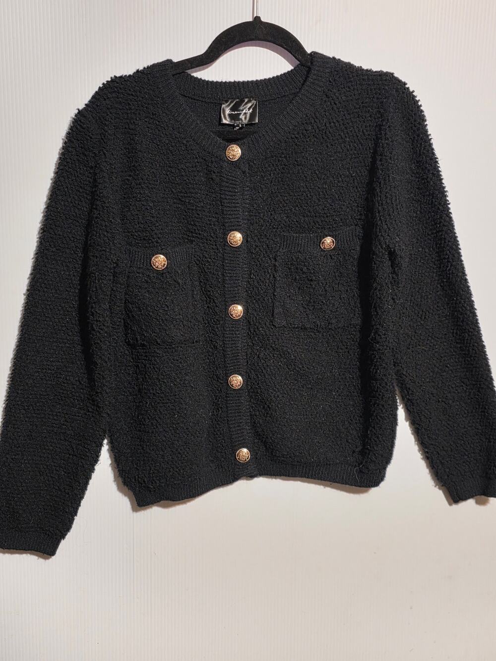 Line & Dot Size S Black Khloe Bouclé Cardigan Sweater Gold Buttons Quiet Luxury